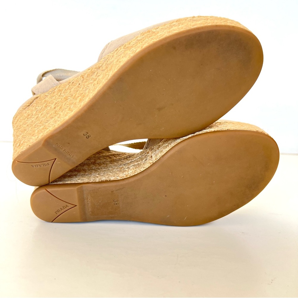 PRADA Beige Canvas Ankle Strap Lace Wrap Platform Wedges Sandal Espadrille Sz 38 - Picture 9 of 15